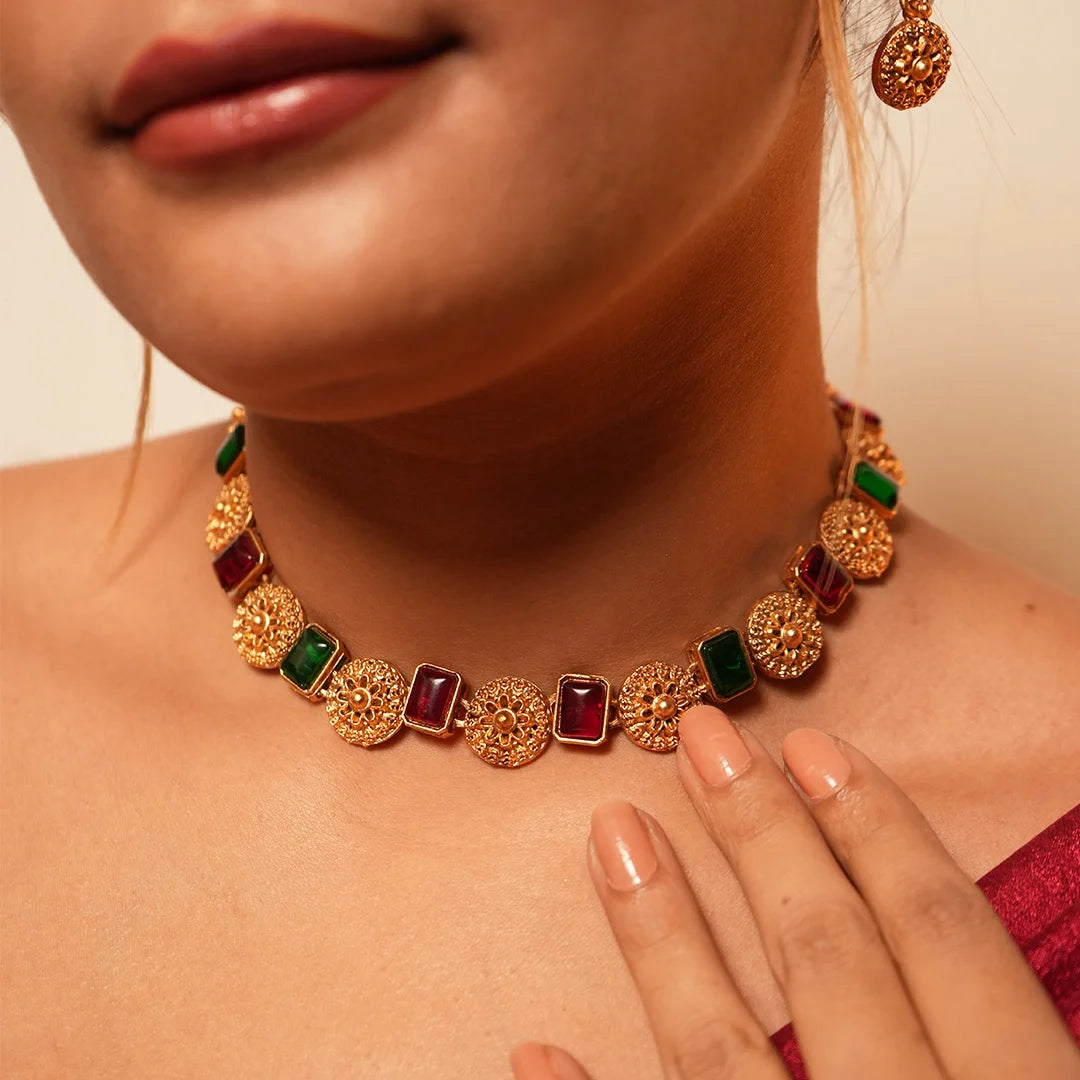 Round mandala Necklace with Rubi and Emerald stone