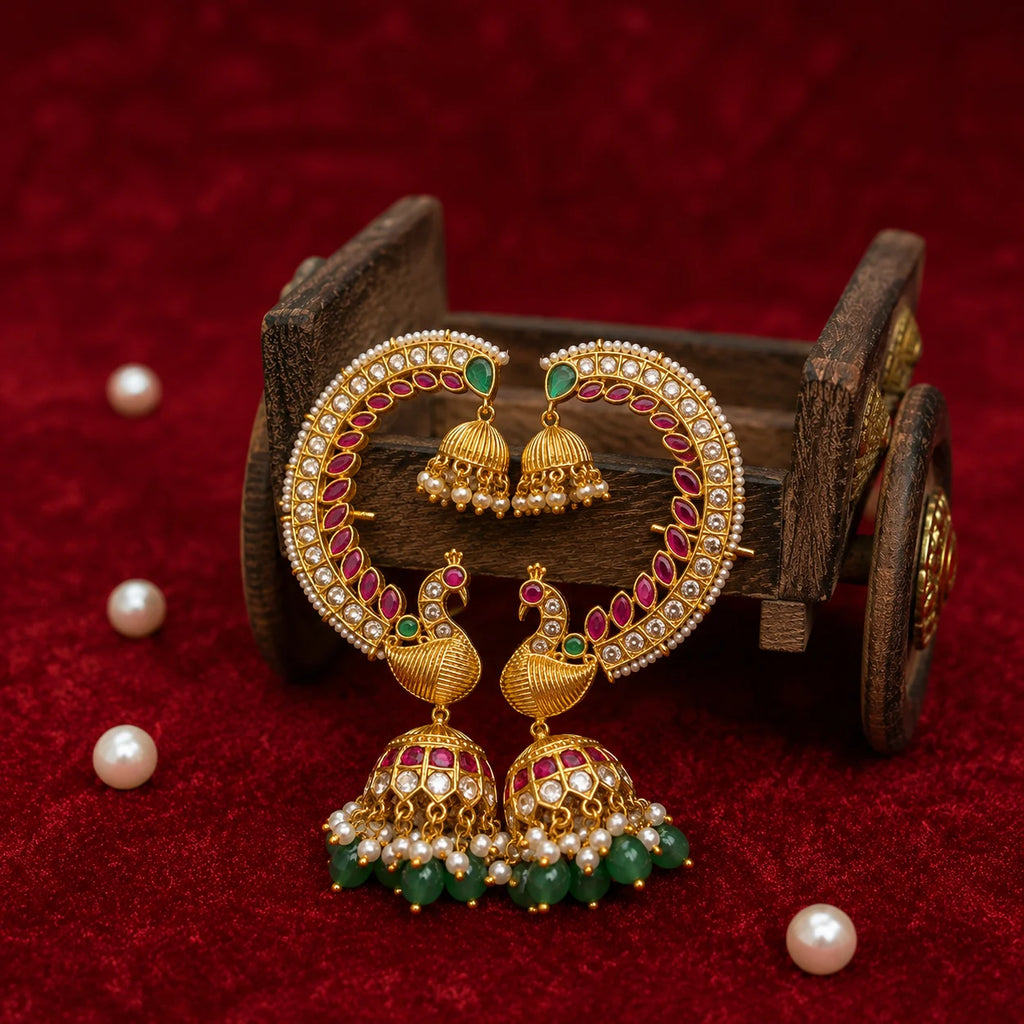 Mayur Kundan Earcuff Jhumki Earrings with Pearl & Green Bead Drops for Women
