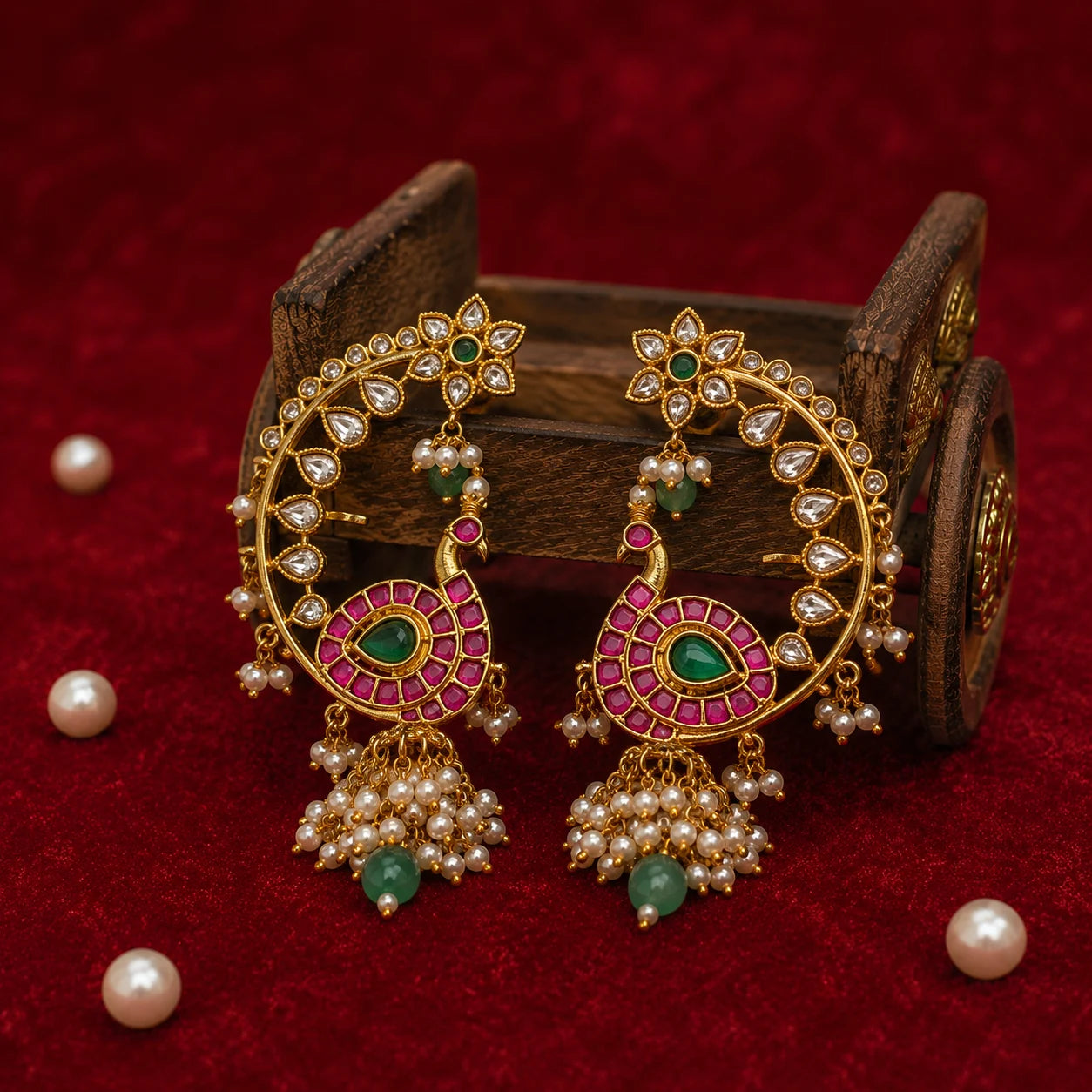Mayurika Pearl Earcuff Earrings with Kundan Peacock Design & Pearl Tassels for Women