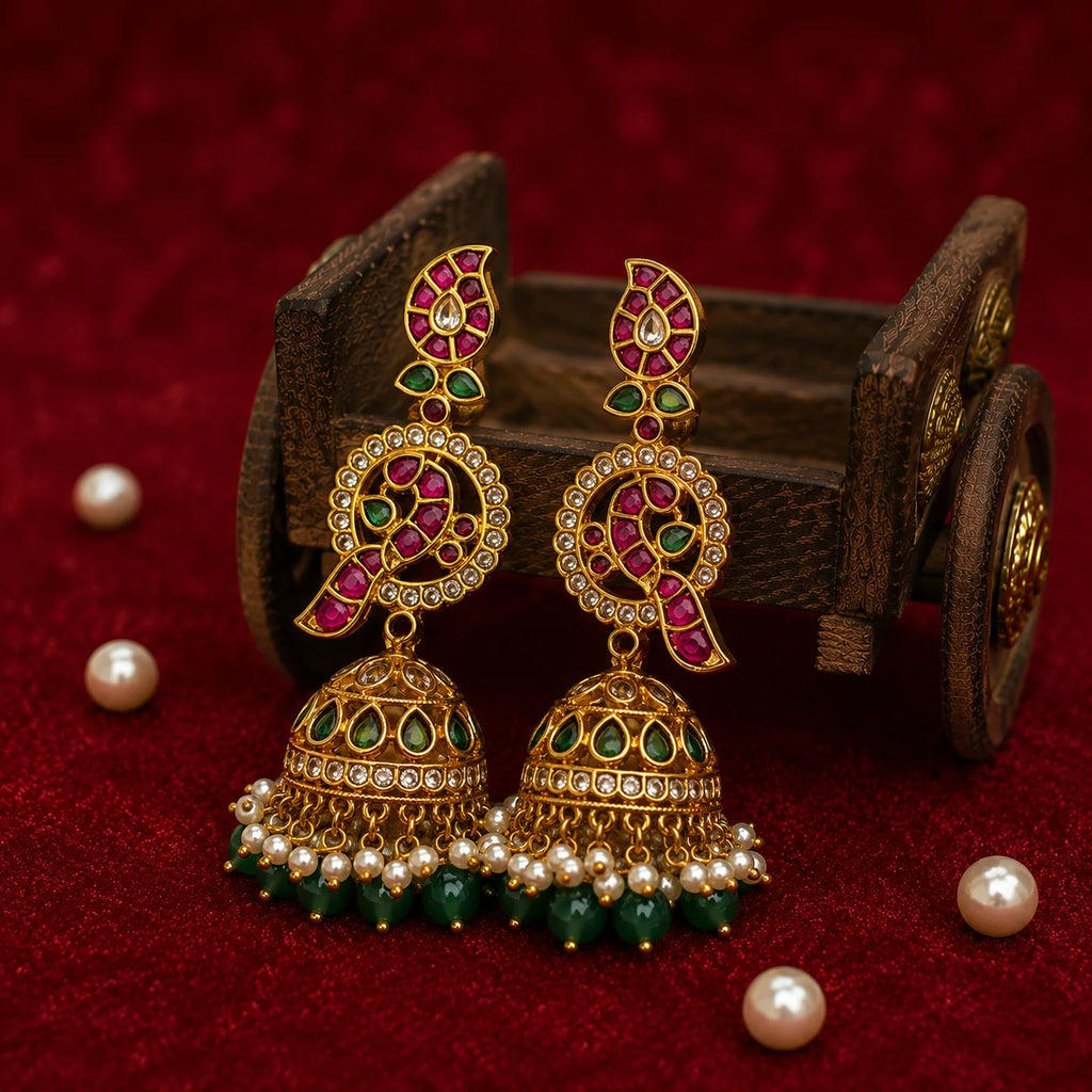 Noorika Kundan Pearl Jhumka Earrings with Green Bead Drops for Women