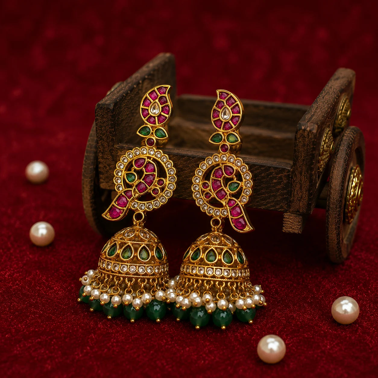 Noor-e-Mayur Kundan Jhumka Earrings with Pearl & Green Bead Drops for Women