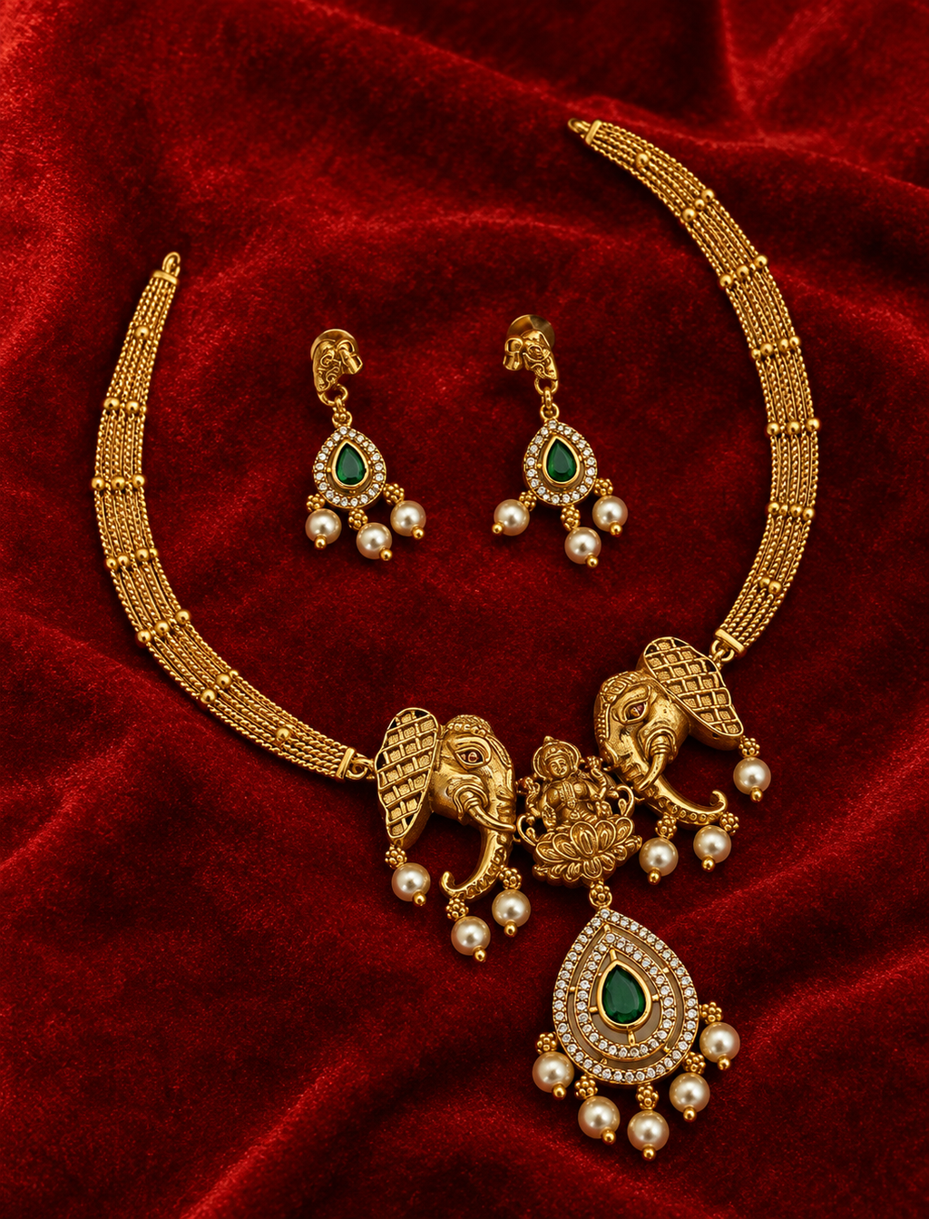 Emerald Elephant Temple Necklace Set