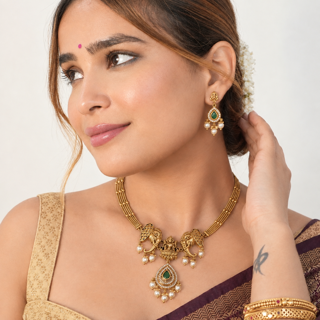 Emerald Elephant Temple Necklace Set