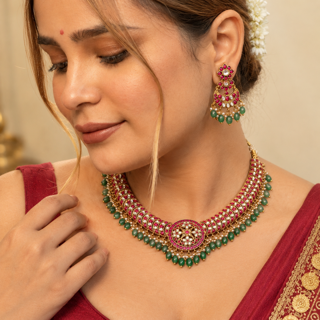 Rajwada Kundan Ruby & Green Necklace Set