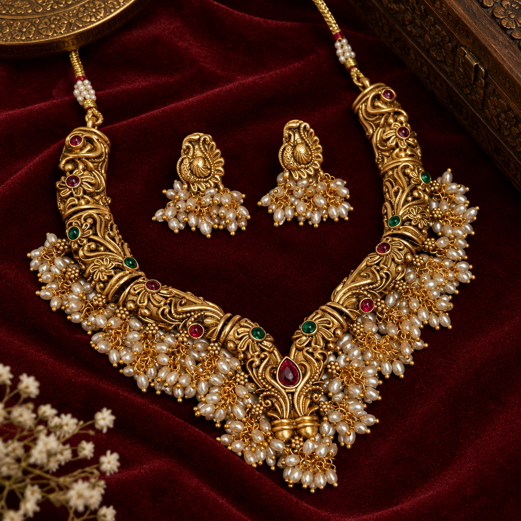 Antique Temple Pearl Necklace Set with Ruby & Emerald