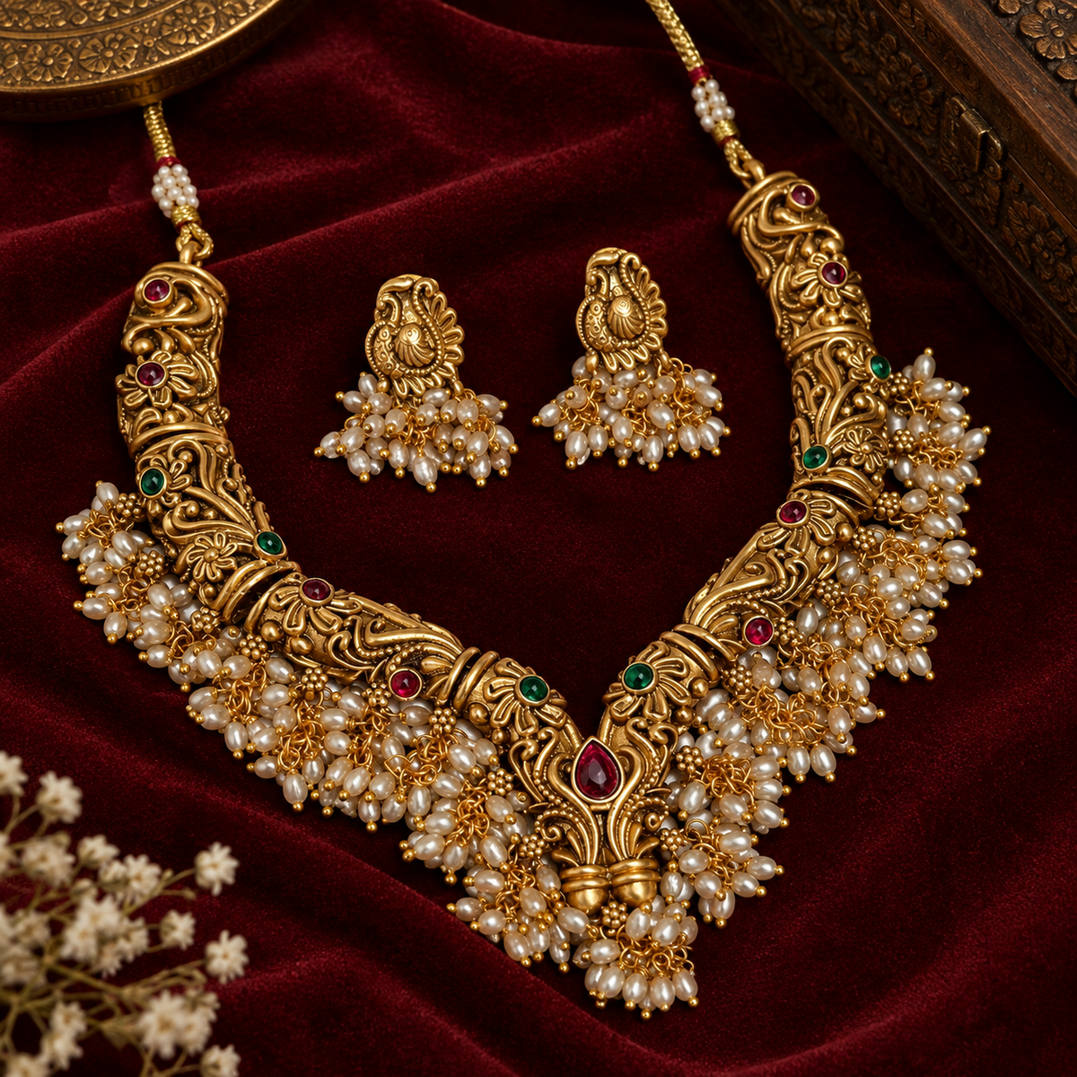 Antique Temple Pearl Necklace Set with Ruby & Emerald