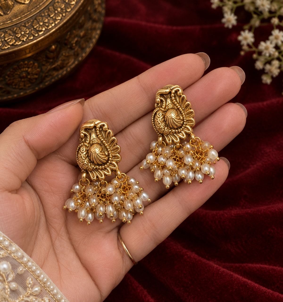 Antique Temple Pearl Necklace Set with Ruby & Emerald