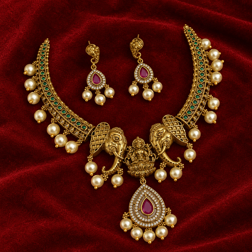 Goddess Laxmi With Elephant motive Necklace
