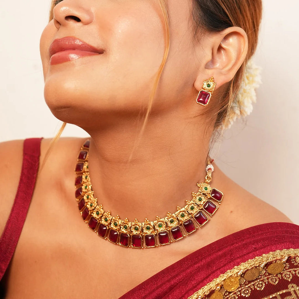 Ruby Flower Necklace Set Gehnaya Jewels