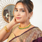 Antique gold Necklace with Emerald and Rice pearl hanging Gehnaya Jewels