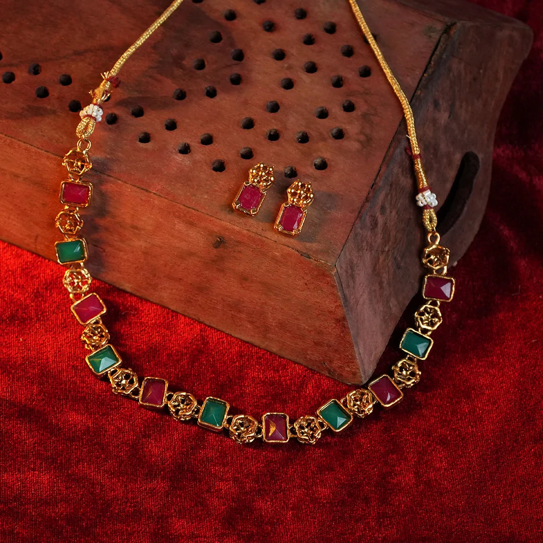 Ruby & Emerald Antique Gold Necklace Gehnaya Jewels