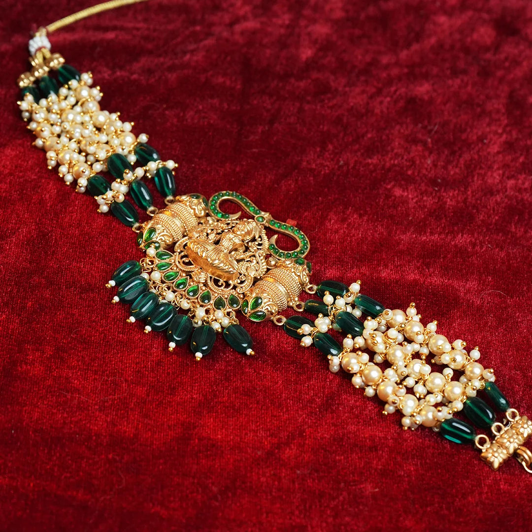 Antique temple choker with green stone & pearl