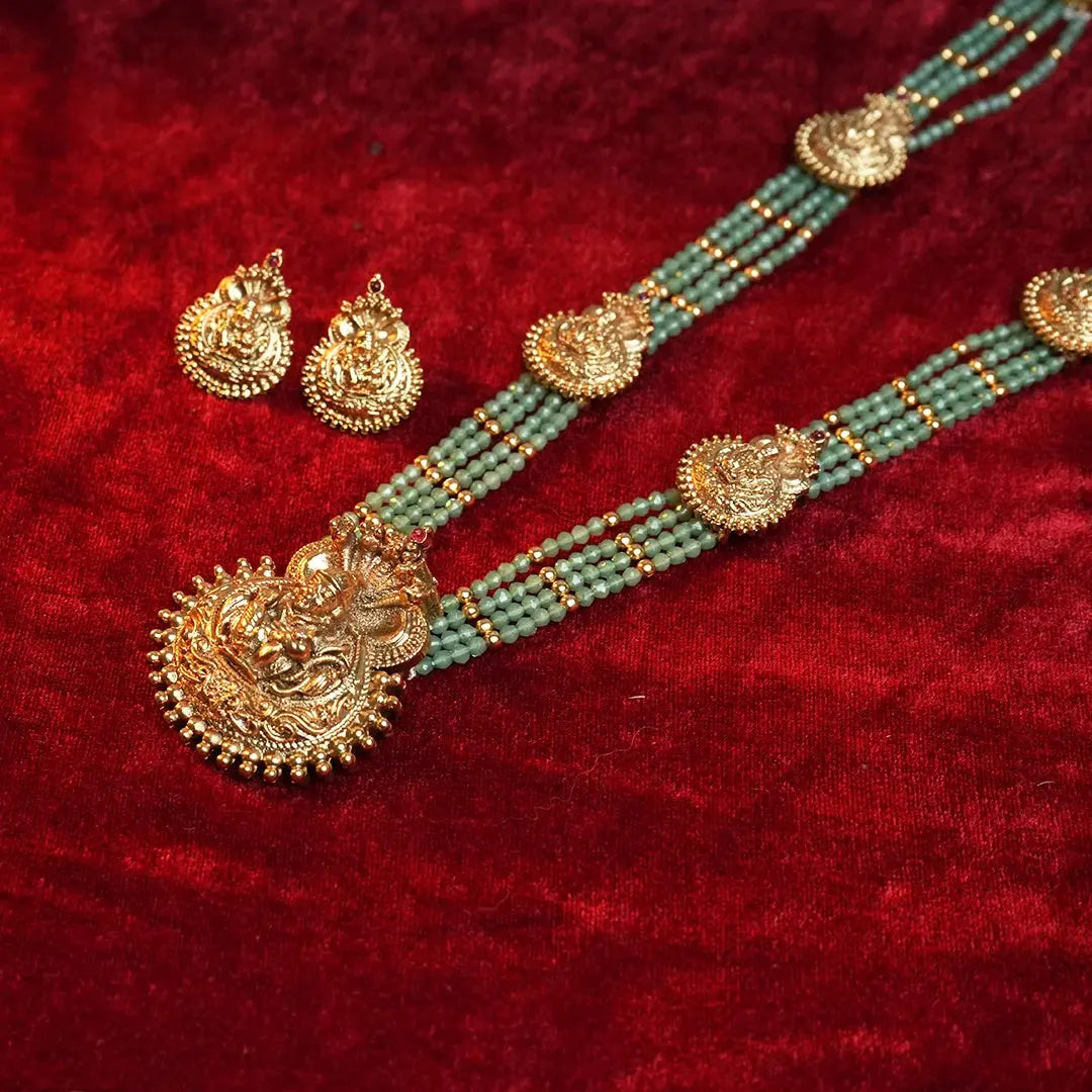 Classic south indian temple necklace with green Beads Gehnaya Jewels