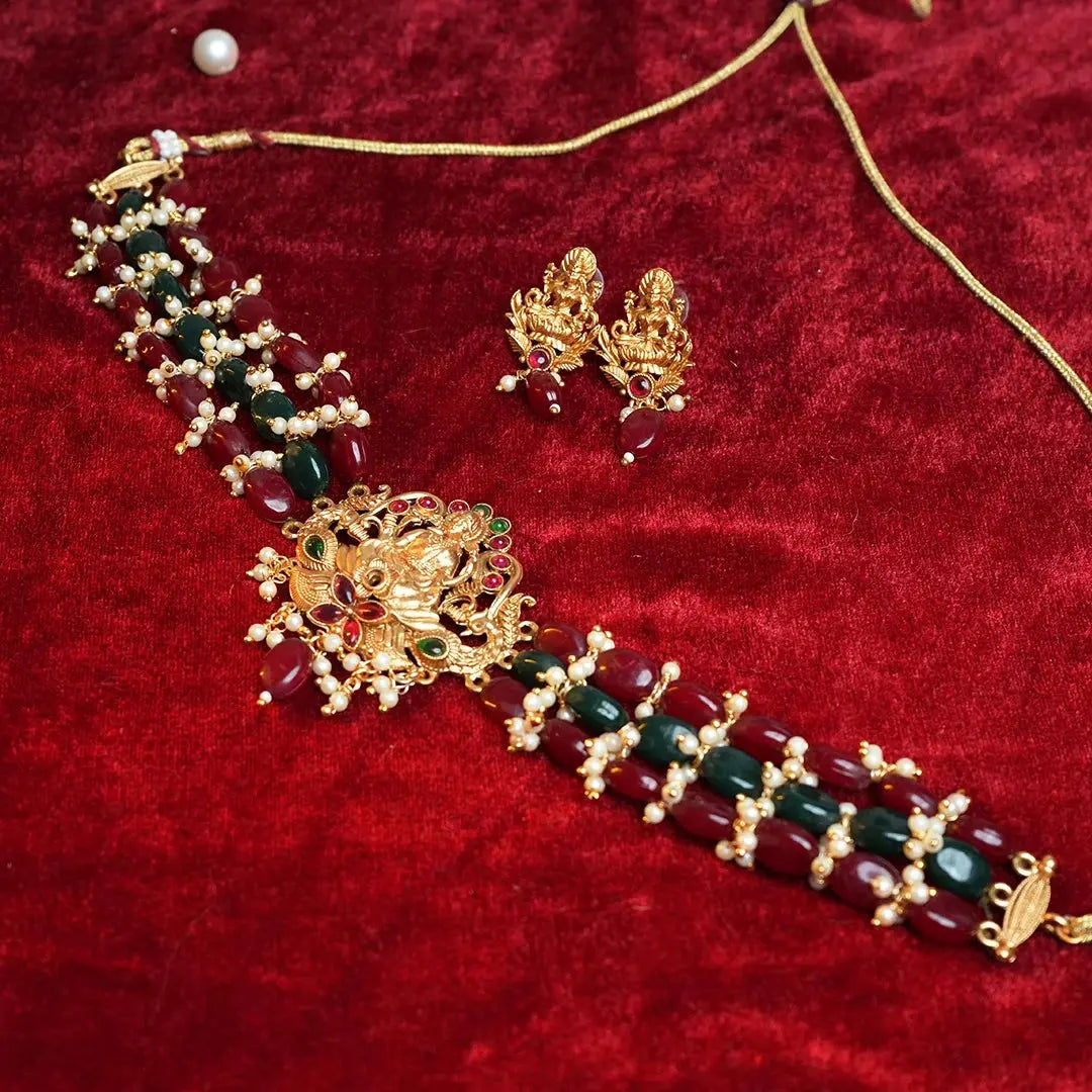 Goddess Lakshmi choker with Ruby & Emerald beads Gehnaya Jewels