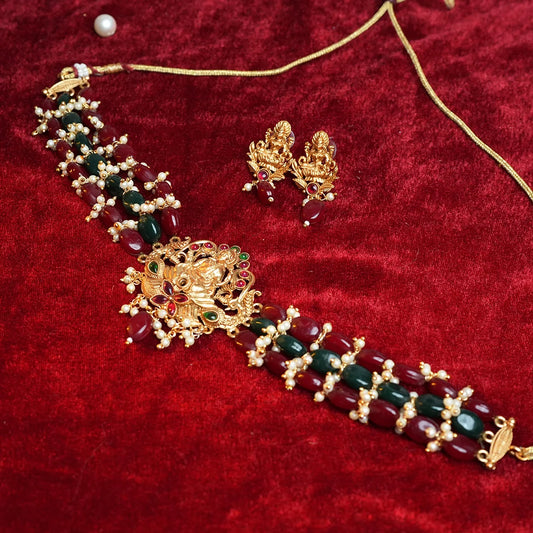 Goddess Lakshmi choker with Ruby & Emerald beads