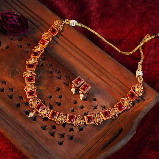 Mayur With ruby Antique Gold Necklace Set