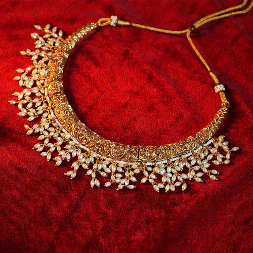 Antique gold necklace with Rice pearl hanging Gehnaya Jewels