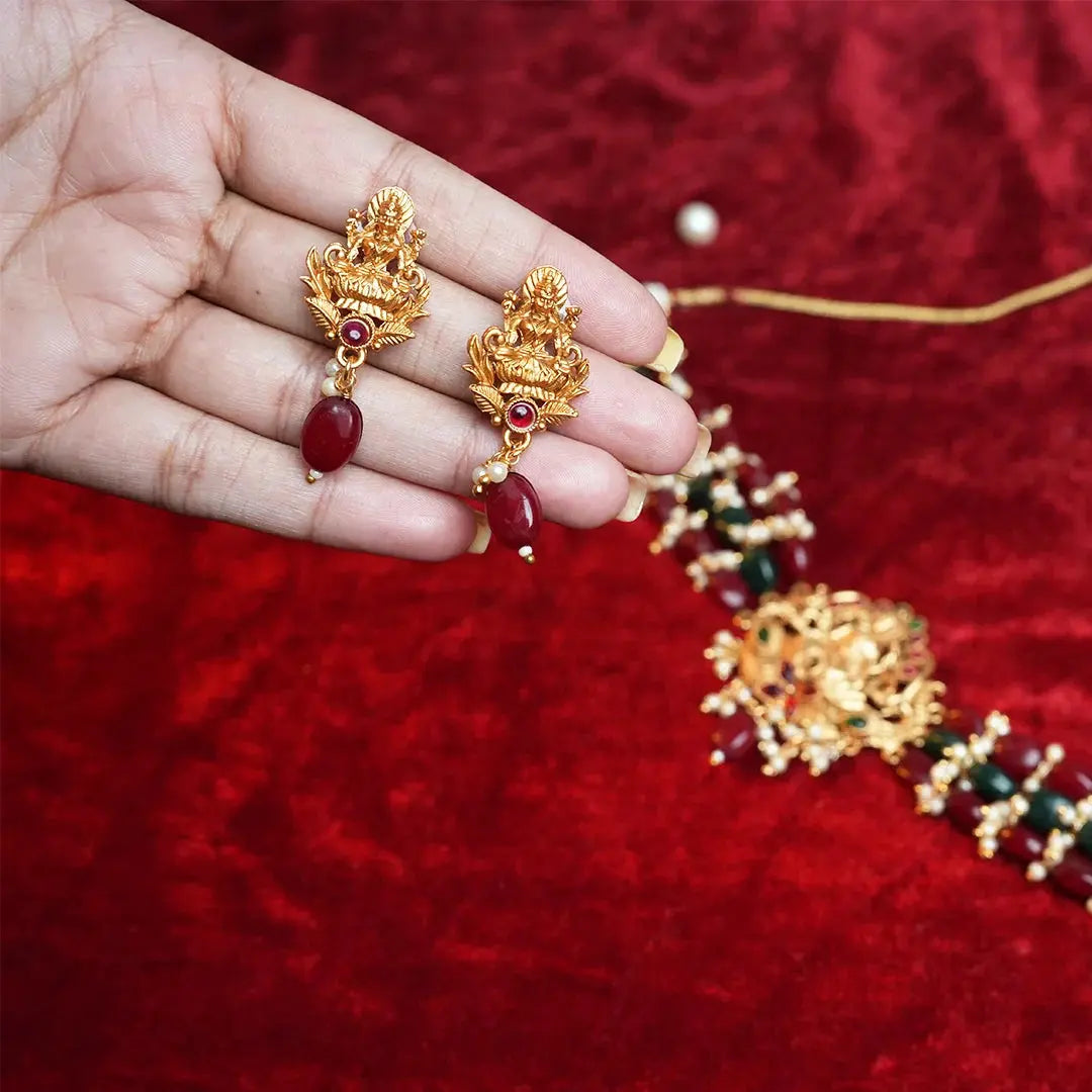 Goddess Lakshmi choker with Ruby & Emerald beads Gehnaya Jewels