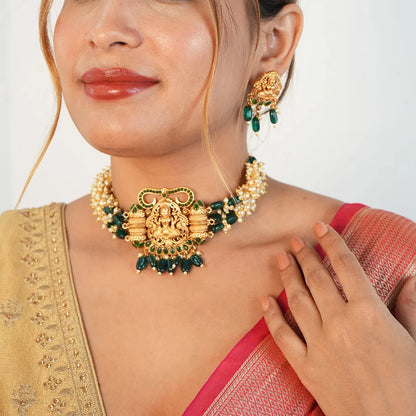 Antique temple choker with green stone & pearl