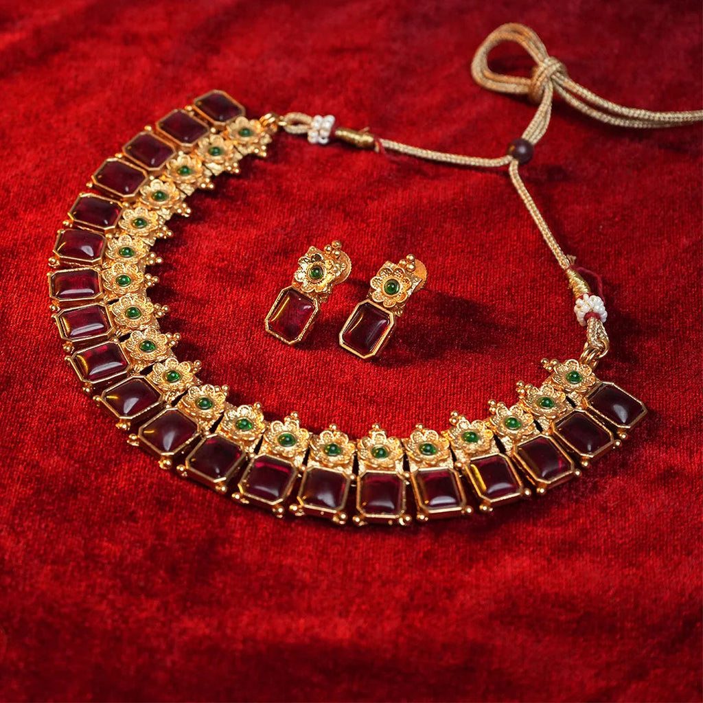 Ruby Flower Necklace Set Gehnaya Jewels