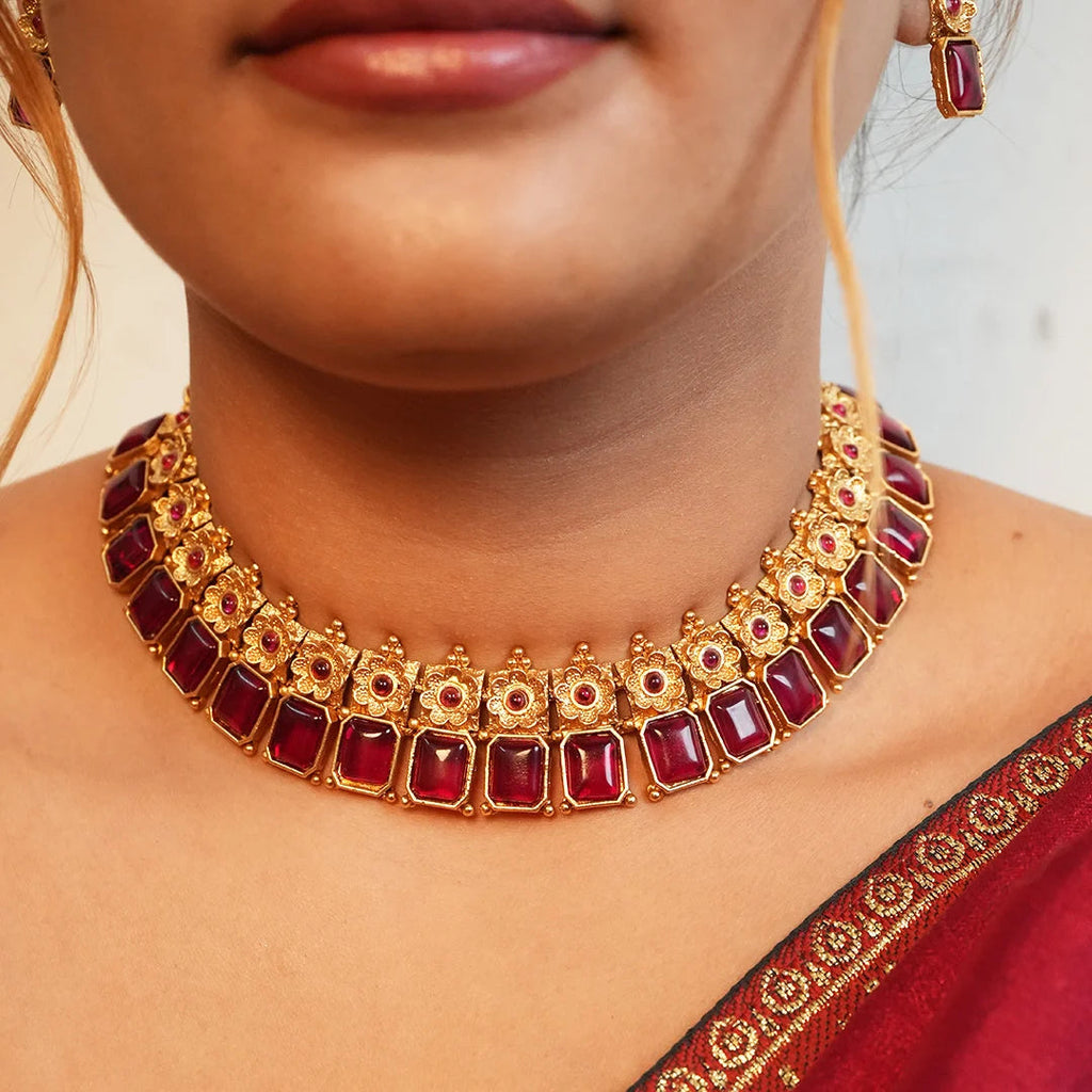 Ruby Flower Necklace Set Gehnaya Jewels