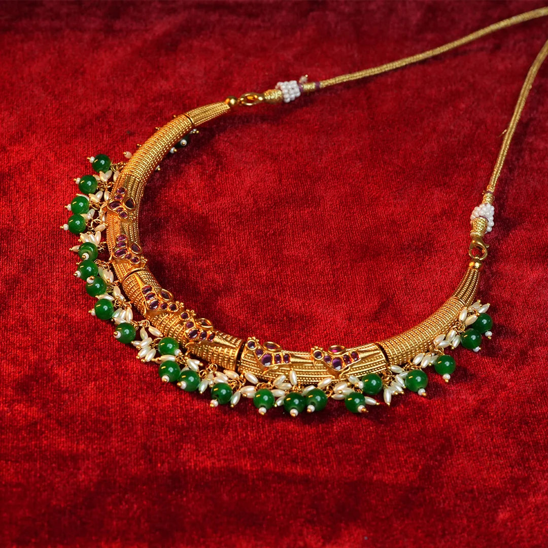 Antique gold Necklace with Emerald and Rice pearl hanging Gehnaya Jewels