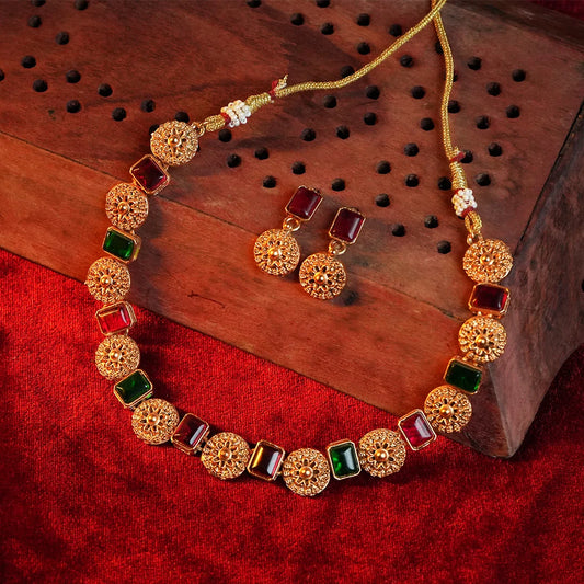 Round mandala Necklace with Rubi and Emerald stone