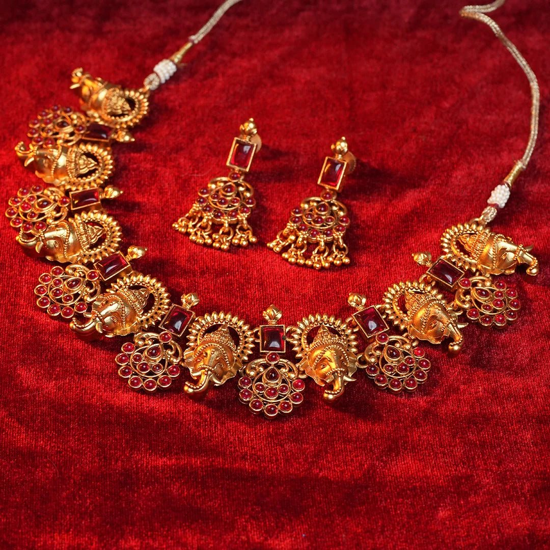 Antique Gold Gajraj Necklace with Ruby Stone Gehnaya Jewels
