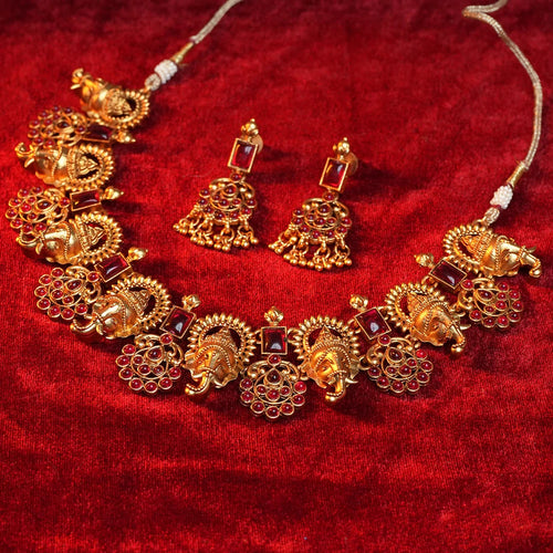 Antique Gold Gajraj Necklace with Ruby Stone Gehnaya Jewels