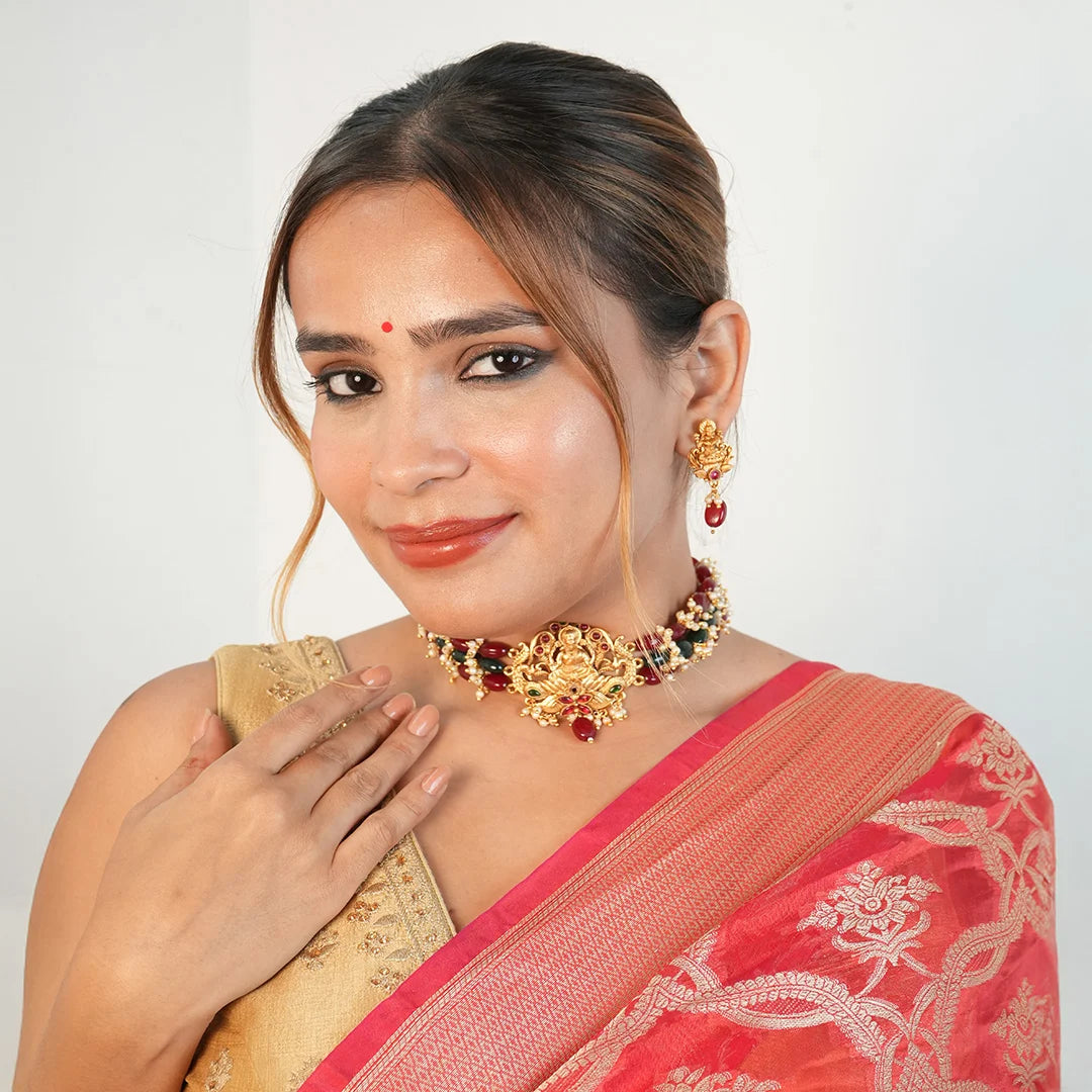 Goddess Lakshmi choker with Ruby & Emerald beads