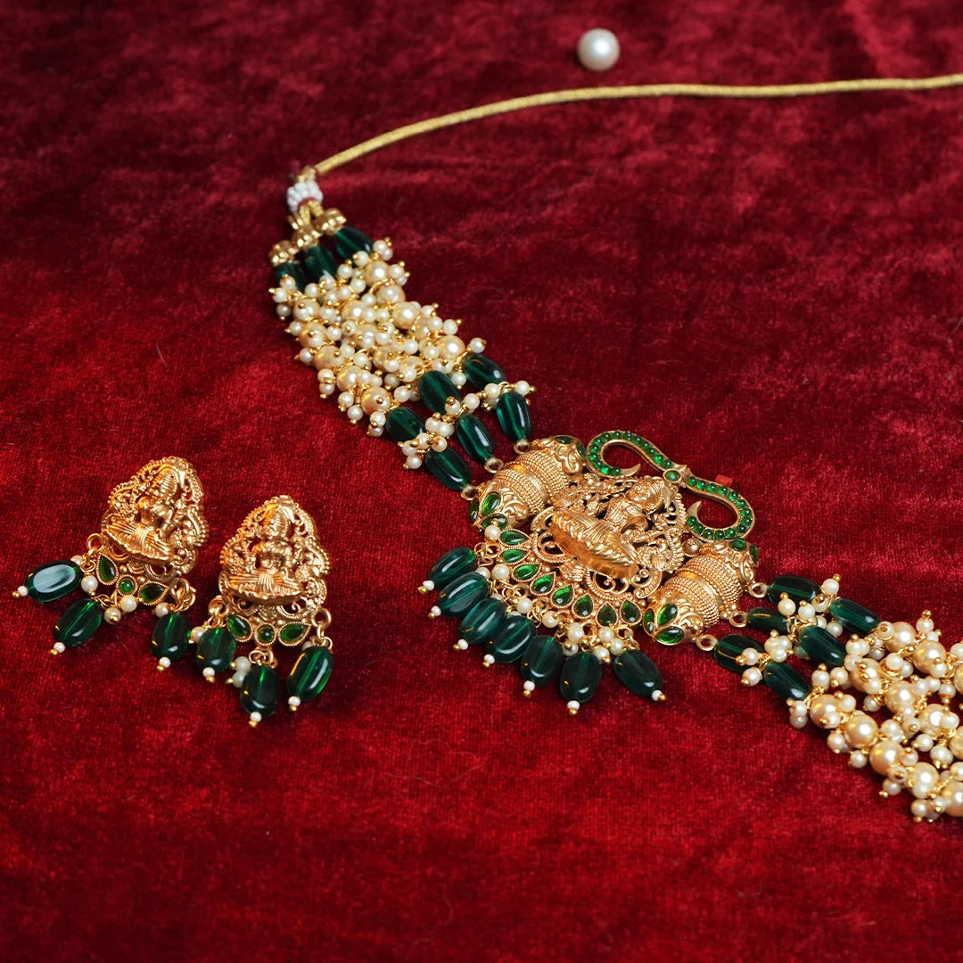 Antique temple choker with green stone & pearl