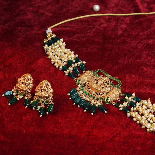 Antique temple choker with green stone & pearl