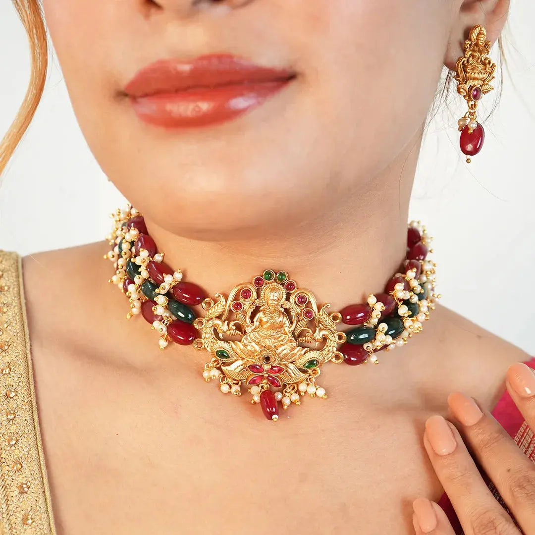 Goddess Lakshmi choker with Ruby & Emerald beads Gehnaya Jewels