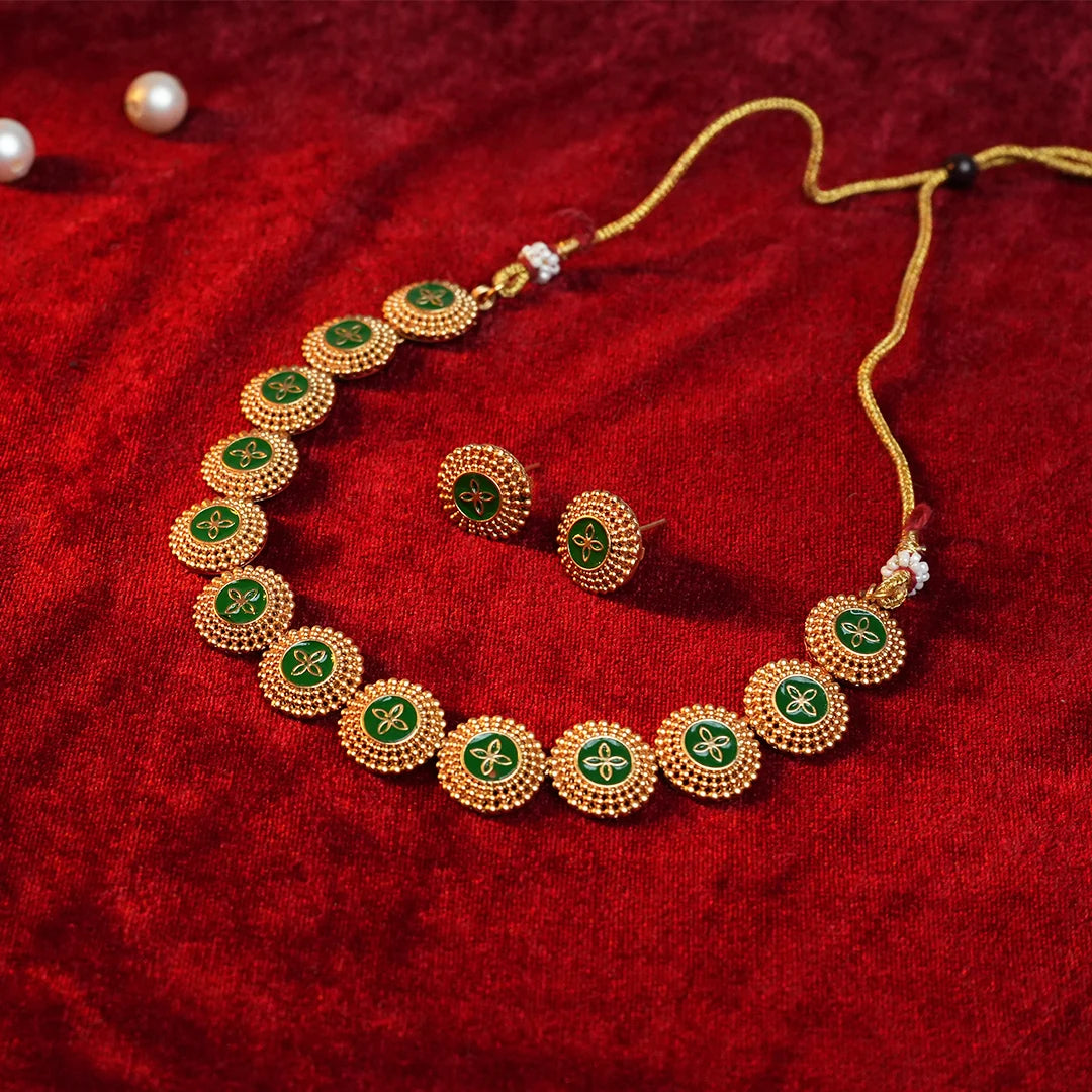 Round Green antique necklace with meenakari Gehnaya Jewels