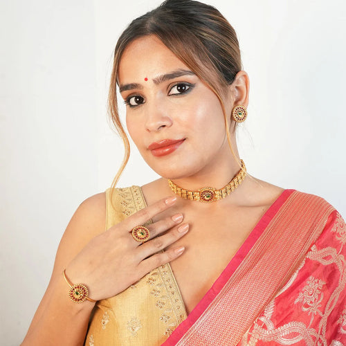 Antique gold jewellery combo Choker, Earrings, Bracelet & Ring Gehnaya Jewels
