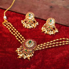 Elegant Pearl and Kemp Stone Necklace with Earrings Gehnaya Jewels