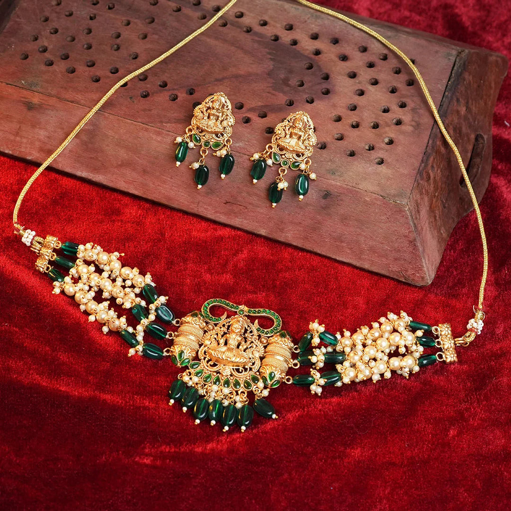 Antique temple choker with green stone & pearl Gehnaya Jewels