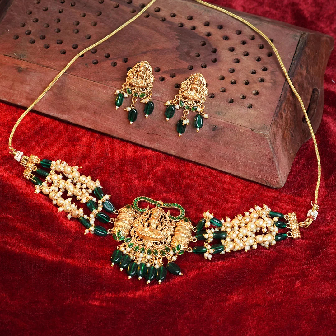Antique temple choker with green stone & pearl Gehnaya Jewels