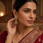 Noorika Kundan Pearl Jhumka Earrings with Green Bead Drops for Women