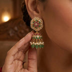 Noorika Kundan Pearl Jhumka Earrings with Green Bead Drops for Women