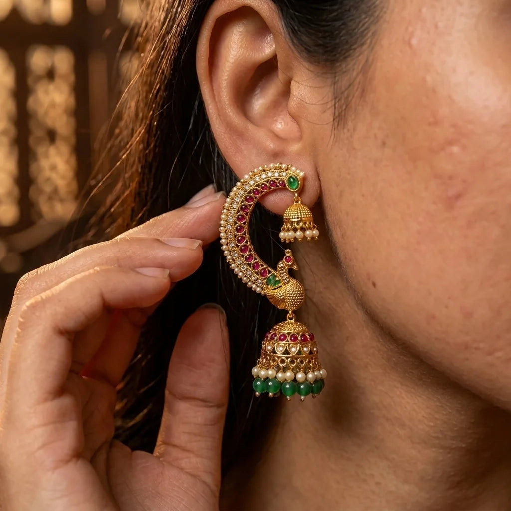 Mayur Kundan Earcuff Jhumki Earrings with Pearl & Green Bead Drops for Women
