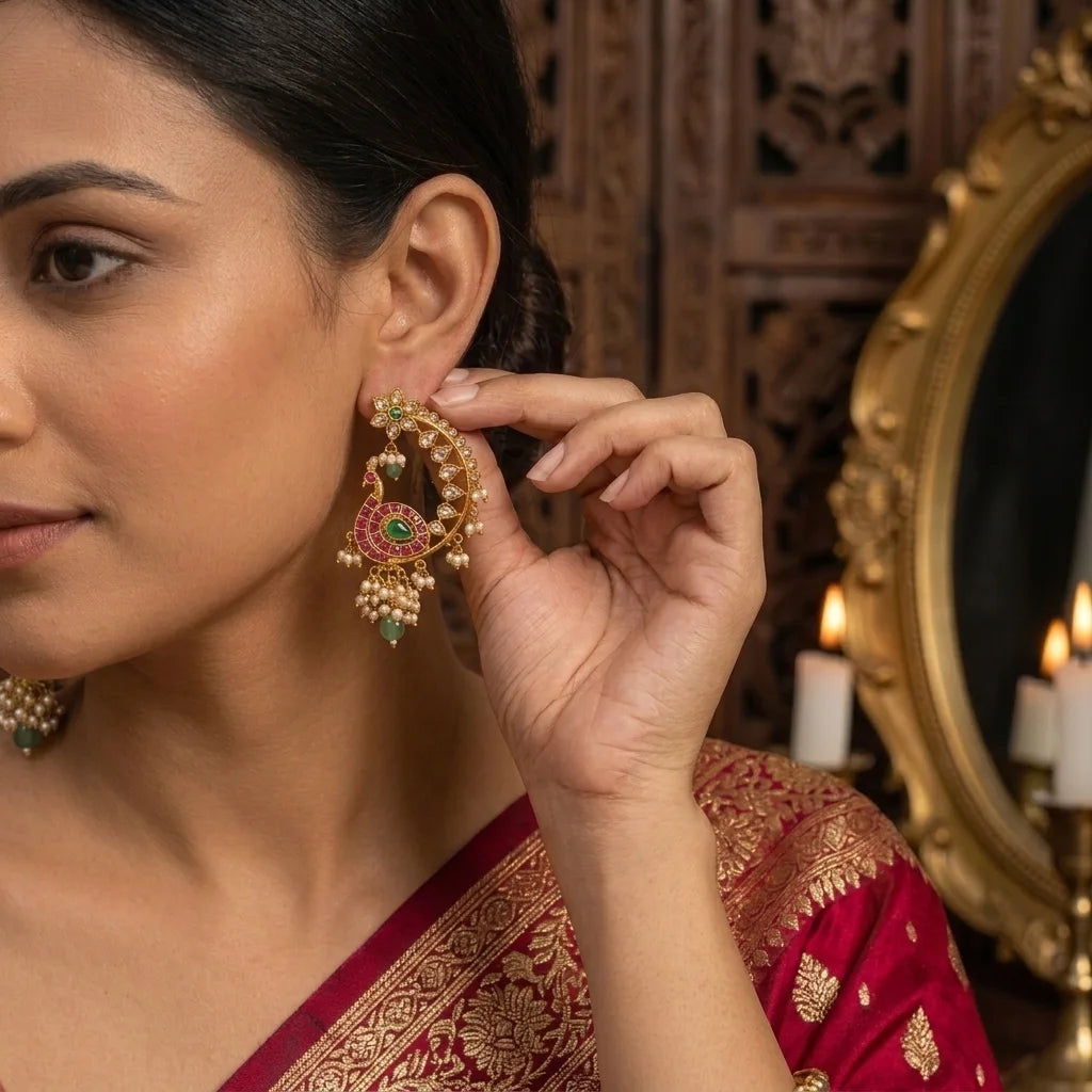 Mayurika Pearl Earcuff Earrings with Kundan Peacock Design & Pearl Tassels for Women