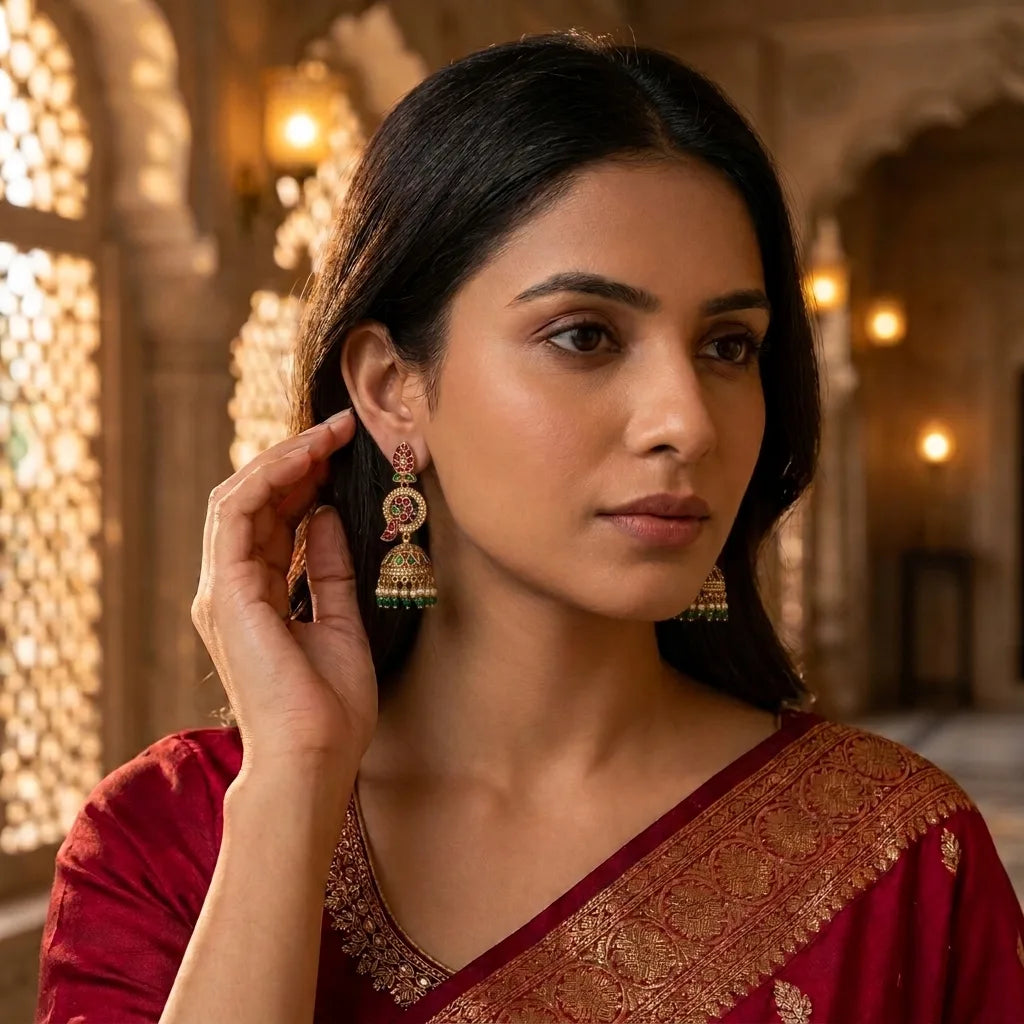 Noor-e-Mayur Kundan Jhumka Earrings with Pearl & Green Bead Drops for Women