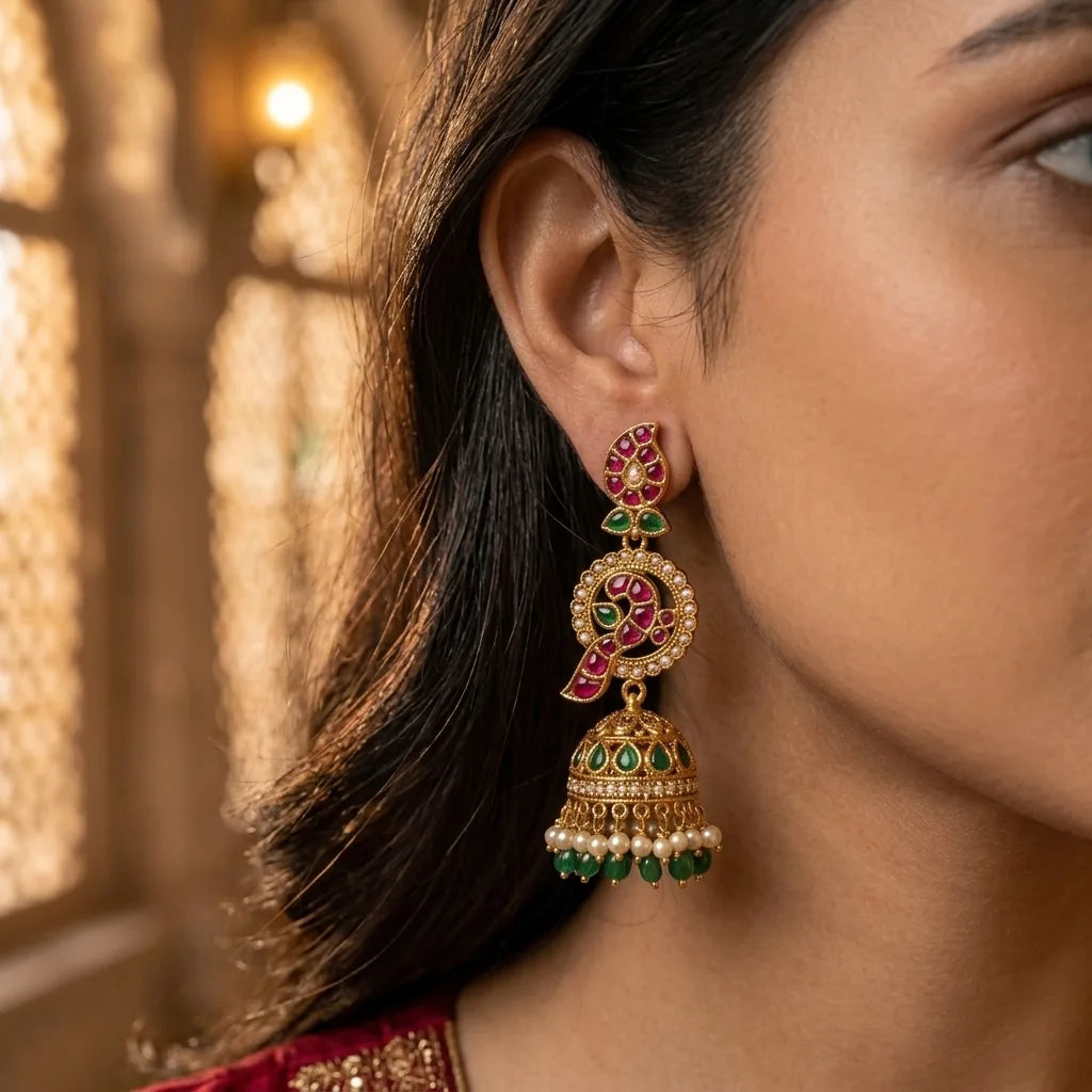 Noor-e-Mayur Kundan Jhumka Earrings with Pearl & Green Bead Drops for Women