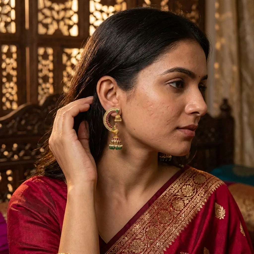Mayur Kundan Earcuff Jhumki Earrings with Pearl & Green Bead Drops for Women