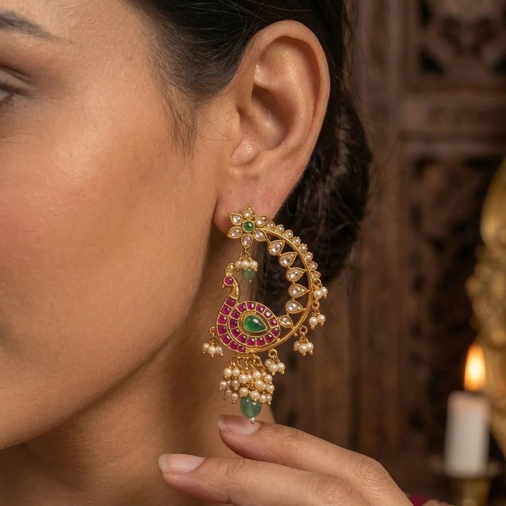 Mayurika Pearl Earcuff Earrings with Kundan Peacock Design & Pearl Tassels for Women