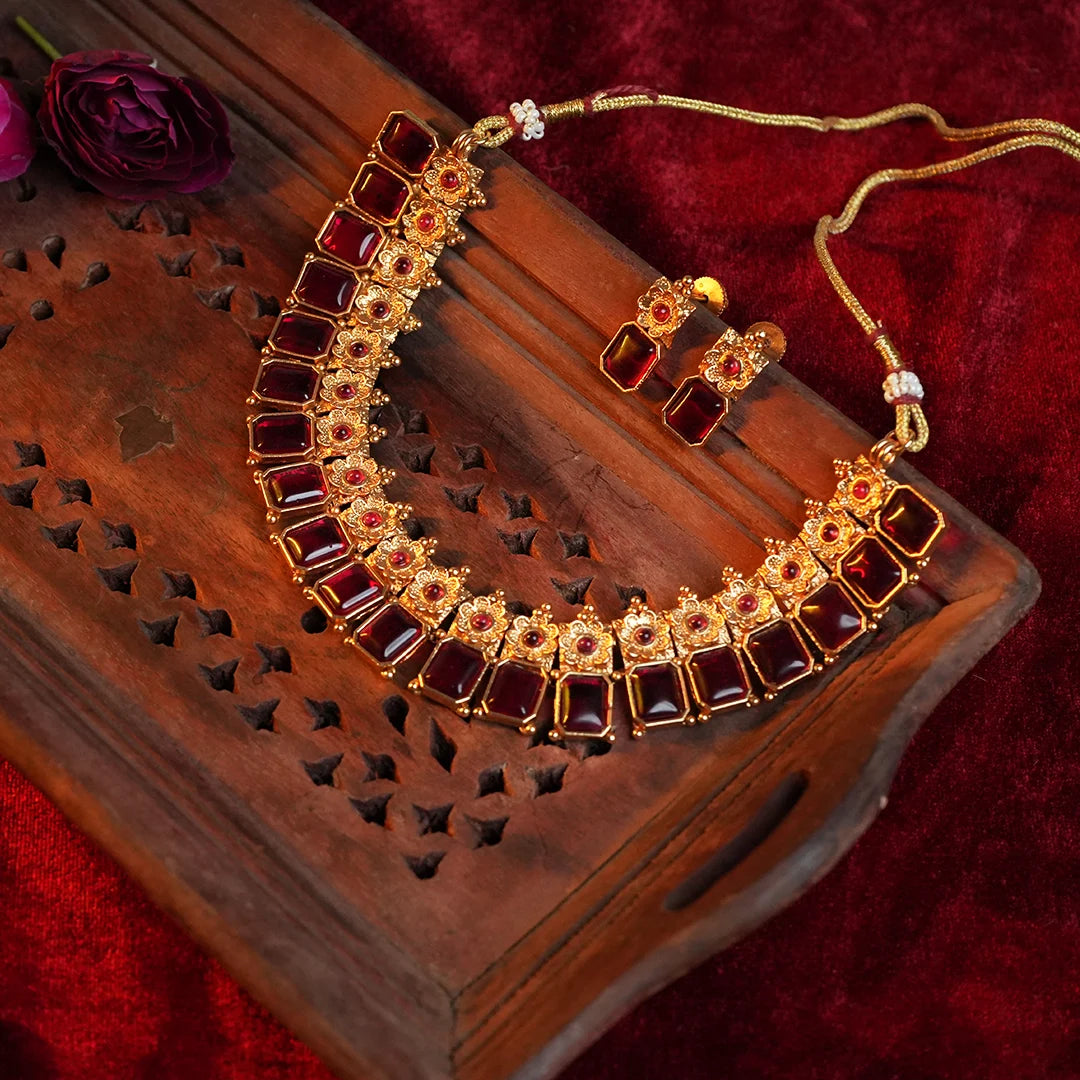 Ruby Flower Necklace Set Gehnaya Jewels