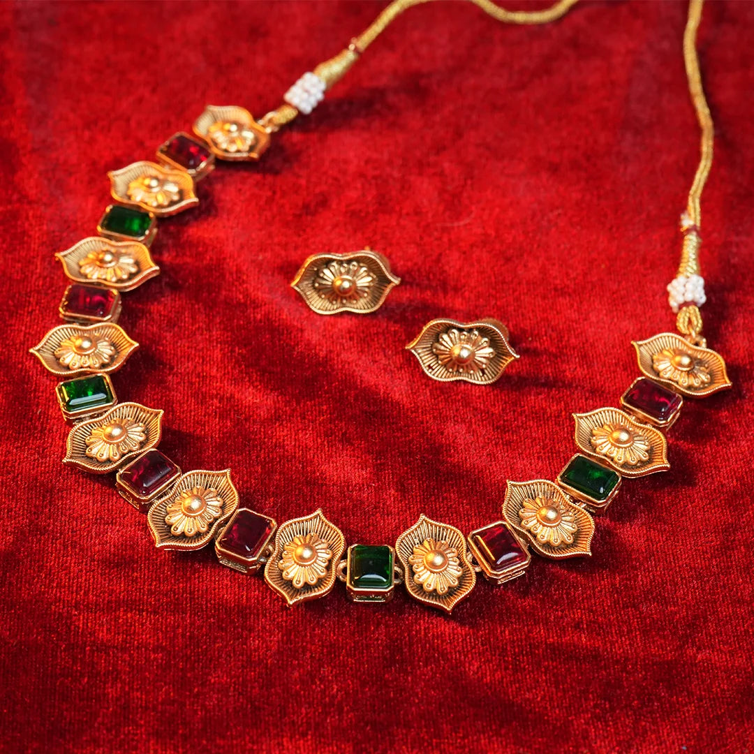 Antique Padma Necklace with Ruby & Emerald stone Gehnaya Jewels