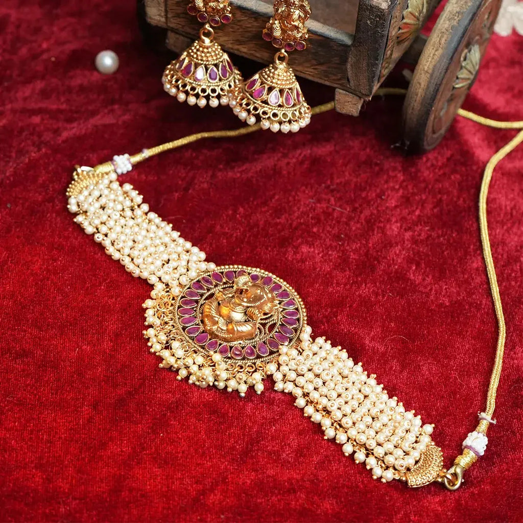 Handcrafted ganesha choker necklace with pearl beads Gehnaya Jewels