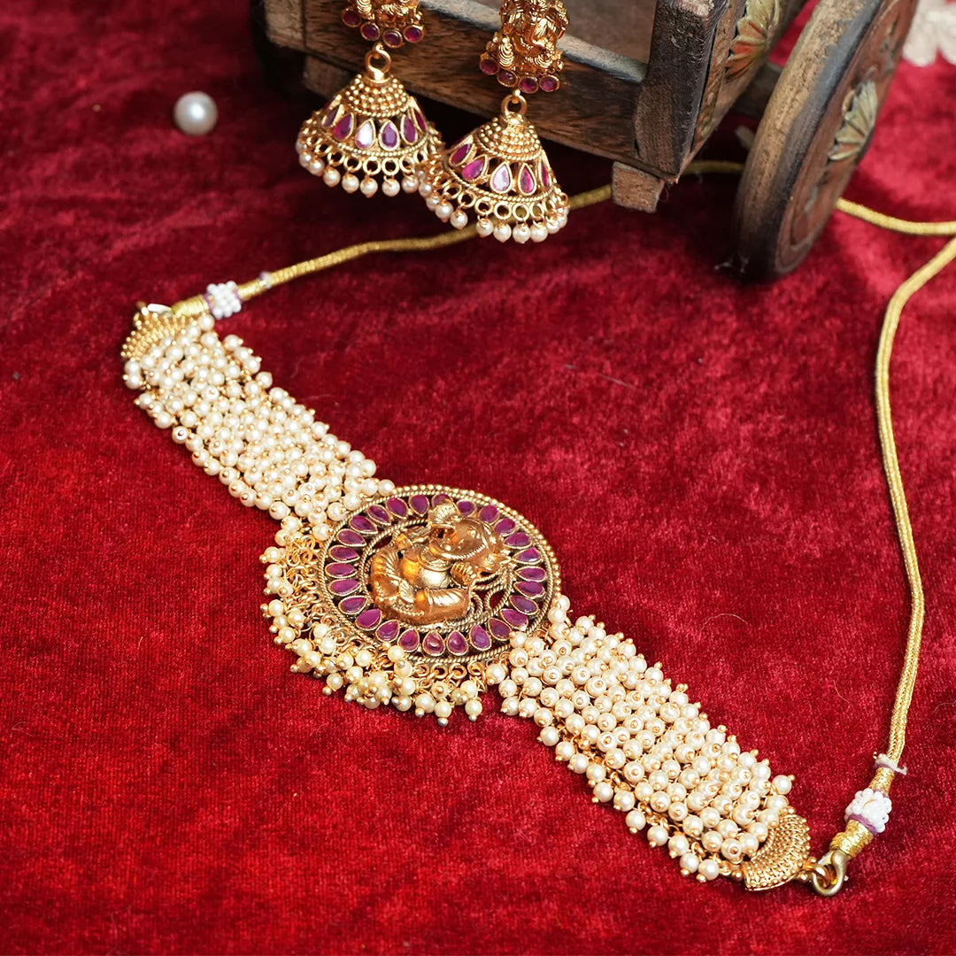 Handcrafted ganesha choker necklace with pearl beads
